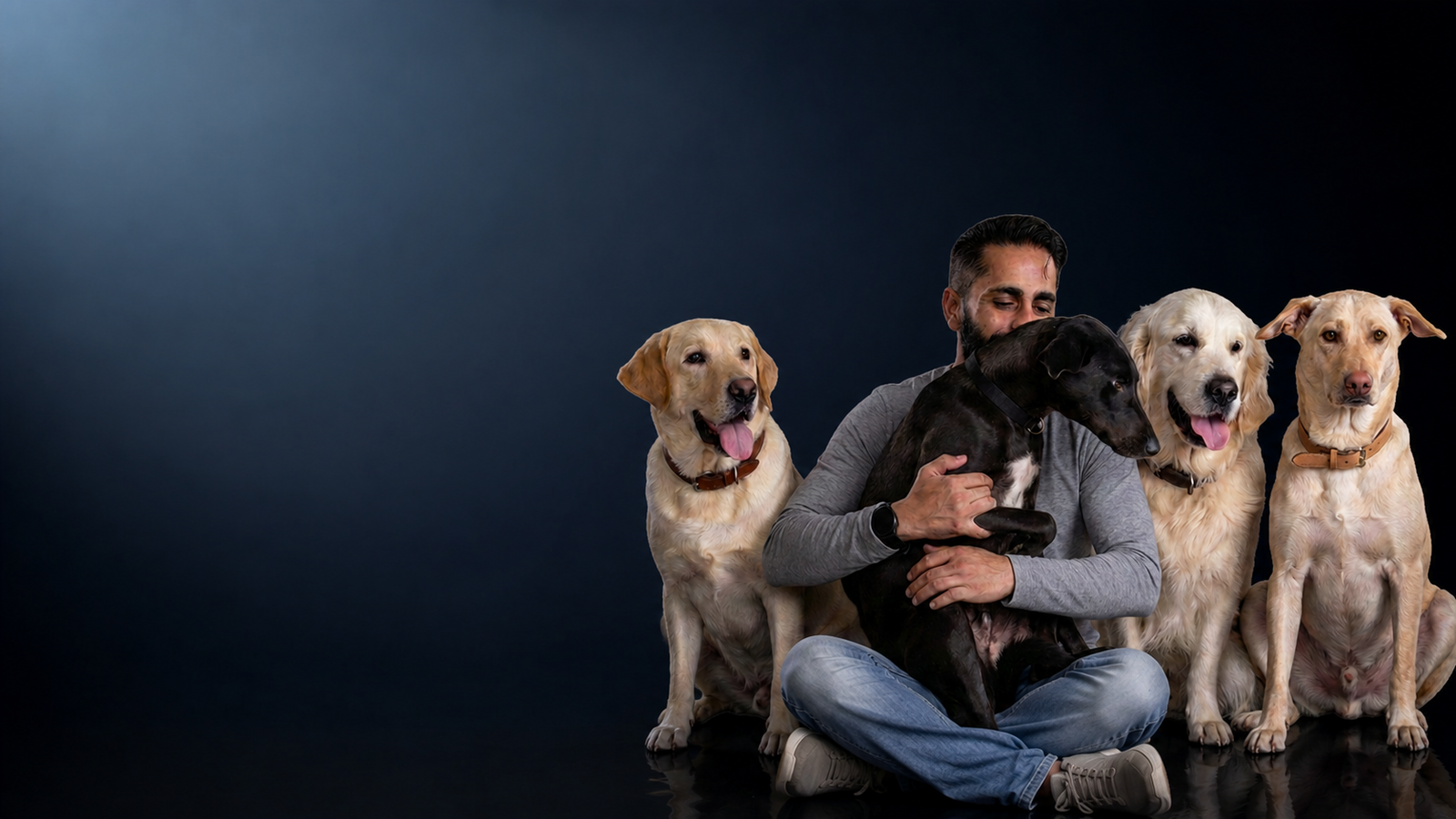 Founder of Stay Floofy sitting calmly with four dogs — a black Indie, a Golden Retriever, and two Labradors wearing simple leather collars — in a softly lit home boarding studio in Bangalore